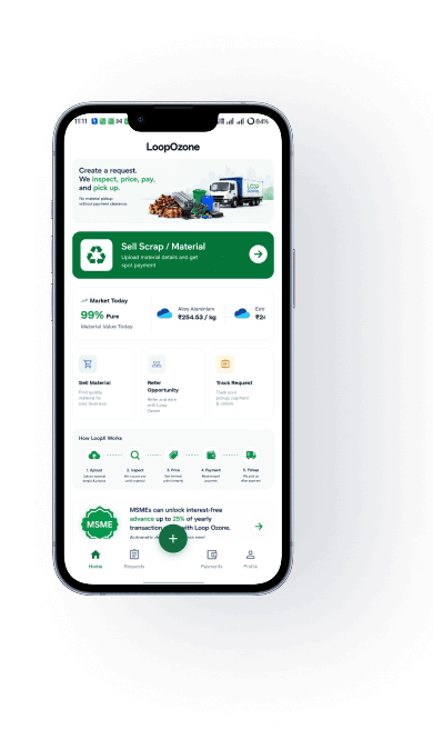 loopX home screen for selling materials, viewing prices and tracking requests